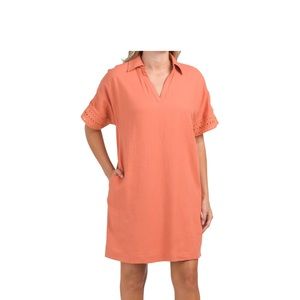 Elie Tahari Linen Blend Johnny Collar Eyelet Trim Shirt Dress